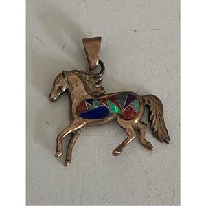 Vintage Native American Bronze Horse Pendant With Multi-Gemstone Inlay